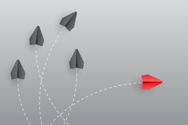 Bireysellik kavramı. Bireysel ve benzersiz lider kırmızı kağıt uçak yana doğru uçuyor. Farklı düşün. Vektör illüstrasyonu 