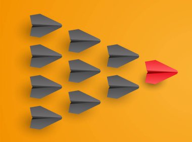 İş ve liderlik kavramı. Bireysel kırmızı lider kağıt uçak diğerini yönlendiriyor. Vektör illüstrasyonu