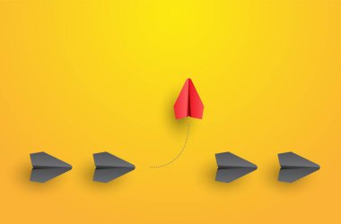 Bireysellik kavramı. Bireysel ve benzersiz lider kırmızı kağıt uçak yana doğru uçuyor. Farklı düşün. Vektör illüstrasyonu 