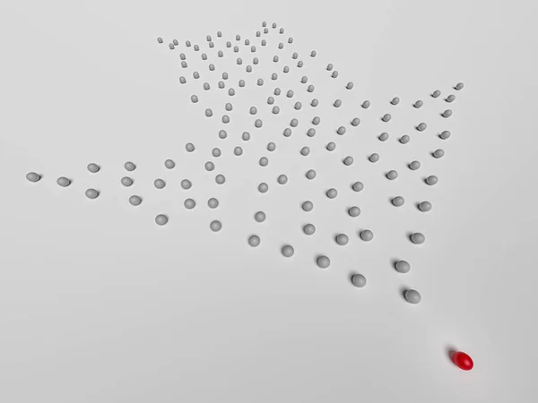 Leadership. Conceptual image of a leader and subordinates. Business teamwork. One red balloon and other grey ones. 3d rendering