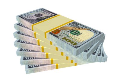 Beyaz arka planda izole edilmiş dolarlardan yığınla para. Dolar finansmanı kavramsal. 3d oluşturma