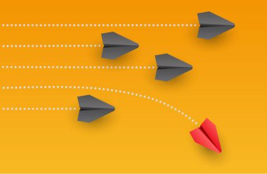 Bireysellik kavramı. Bireysel ve benzersiz lider kırmızı kağıt uçak yana doğru uçuyor. Vektör illüstrasyonu 