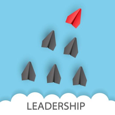 Leadership concept. Unique red leader paper plane lead other with word LEADERSHIP. Vector