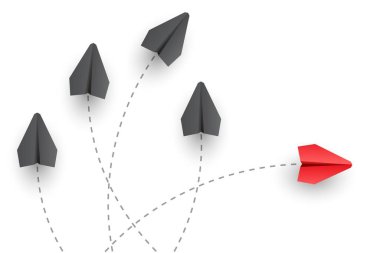 Farklı düşün. Bireysellik kavramı. Bireysel ve benzersiz lider kırmızı kağıt uçak yana doğru uçuyor. Vektör illüstrasyonu 