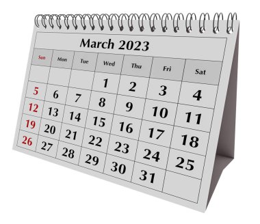Page of the annual business desk monthly calendar isolated on white. Date - month March 2023