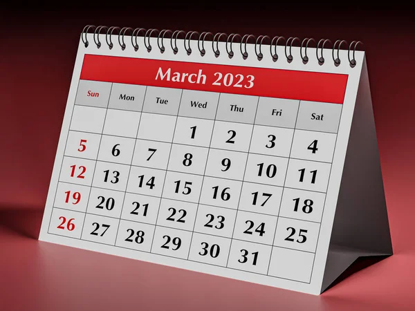 One page of the annual business desk monthly calendar. Date - month March 2023. 3d rendering