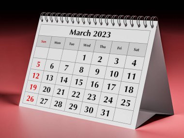 One page of the annual business desk monthly calendar. Date - month March 2023. 3d rendering