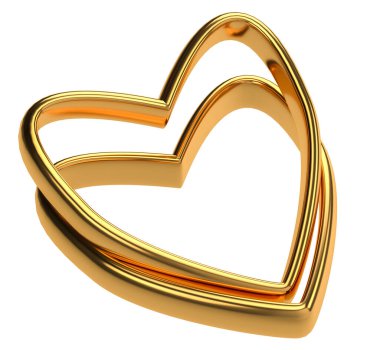Heart with two connected gold wedding rings isolated