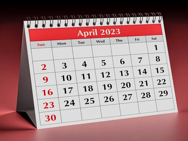 One page of the annual business desk monthly calendar. Date - april March 2023. 3d rendering