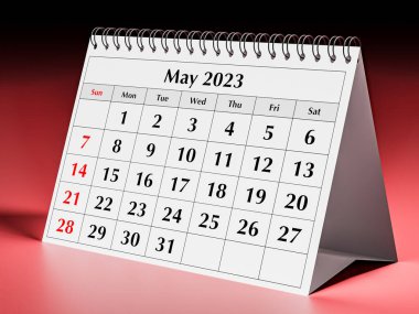 Yıllık iş masası takviminin bir sayfası. Tarih - Nisan Mayıs 2023. 3d oluşturma