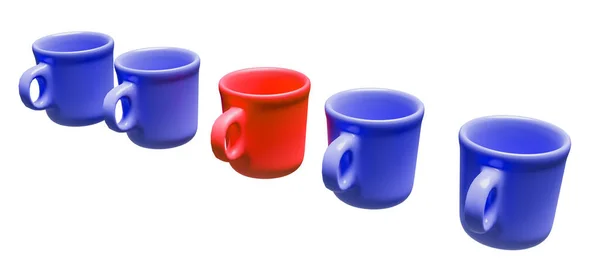 Une Tasse Rouge Individuelle Avec Autres Tasses Bleues Isolées Sur — Photo