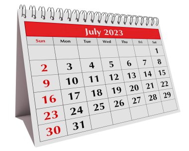 Yıllık iş masası takviminin sayfası izole edildi. Tarih - Temmuz 2023