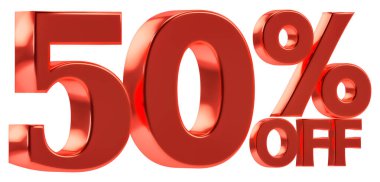 Satış promosyonu için% 50 indirim. Yüzde işaretli üç boyutlu sayı. Beyaz arkaplanda izole