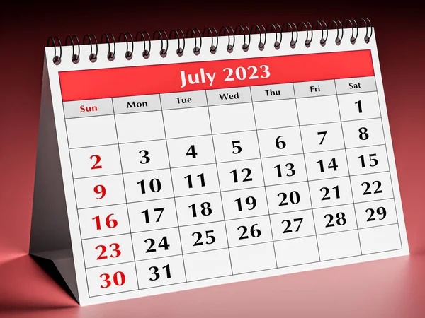 One page of the annual business desk monthly calendar. Date - July 2023. 3d rendering