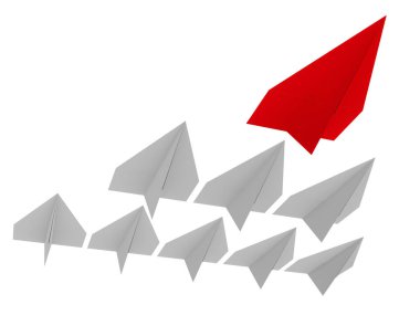 Liderlik kavramı. Kırmızı öncü uçak diğer uçakları öne çekiyor. Beyaz arkaplanda izole