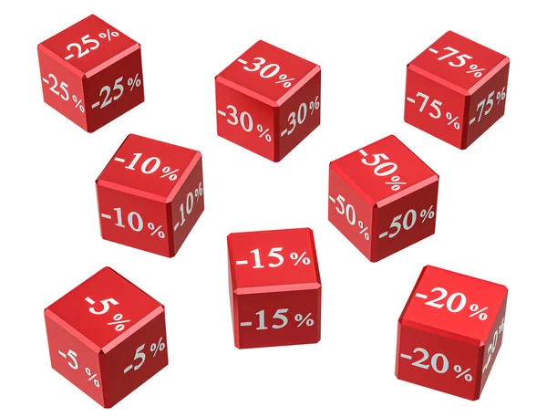 販売のための異なる割引を持つ赤いキューブ パーセンテージの数字 白い背景に隔離される — ストック写真