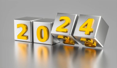 Yeni yıl tatili konsepti. 2024 numaralı küpler 2023 'ün yerini alıyor. 3d oluşturma