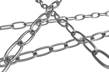 Metalden zincirler gerilmiş. Güvenlik ve güç kavramı. Beyaz arkaplanda izole