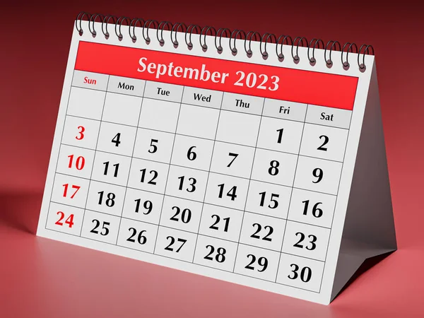 2023年9月 年次ビジネスデスクの月次カレンダーのページ 3Dレンダリング — ストック写真