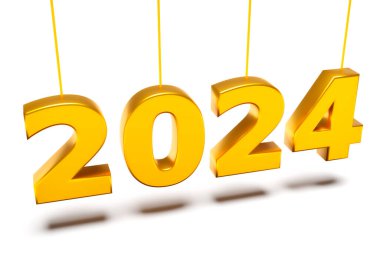 Altın renklerde yeni yıl tatili konsepti. Numara 2024. 3d oluşturma