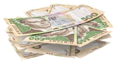 Ukrayna Hryvnia 'sı. Bir yığın Ukrayna parası, para birimi Hryvnia (grivna, Hryvna) ve 500 banknot. Finans konsepti. Beyazda izole edilmiş