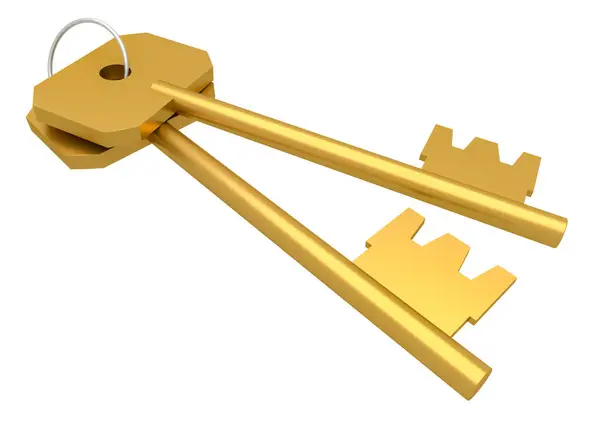 Dva Zlaté Klíče Izolované Bílém Pozadí Zadat Zabezpečit Koncept — Stock fotografie