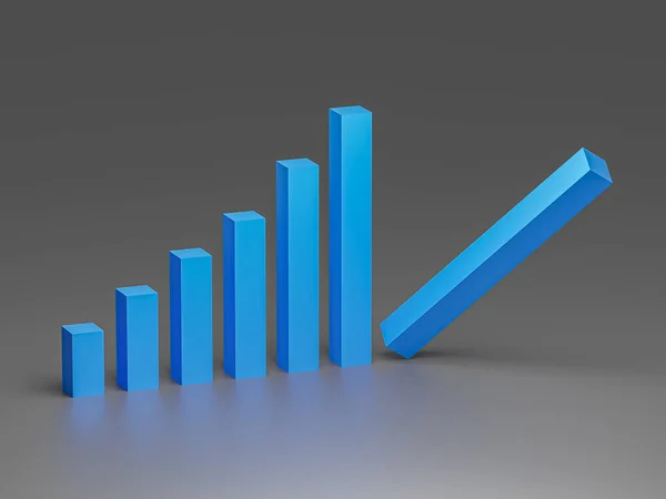 A graph with rising bars symbolizing growth, but the last one dramatically falls, signifying a sudden bankruptcy crisis. 3d rendering