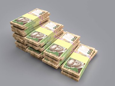 Ukrayna Hryvnia finans konsepti. 3D Hryvnia 500 banknotlarının istiflenmesi, Ukrayna 'daki servet, tasarruf ve finansal başarıyı simgeliyor. İş ve para birimi kavramı. 