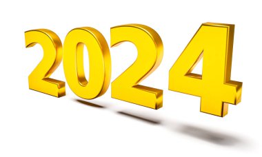 Altın renkli yılbaşı konsepti. 2024 numara beyaz üzerine izole edilmiş. 3d oluşturma
