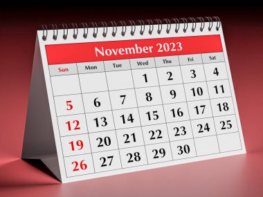 Kasım 2023. Yıllık iş masası takviminin bir sayfası. 3d oluşturma