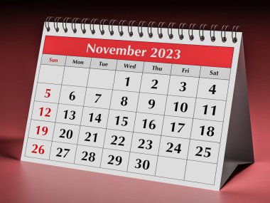 Kasım 2023. Yıllık iş masası takviminin bir sayfası. 3d oluşturma