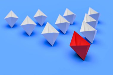 Kırmızı kağıt tekne, liderliği ve takım çalışmasını sembolize eden beyazlardan oluşan bir filoyu yönetiyor. İlerlemenin, birliğin ve iş dünyasındaki başarının göstergesi. 3d oluşturma