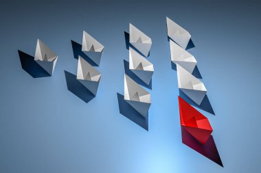 Kırmızı kağıt tekne, liderliği ve takım çalışmasını sembolize eden beyazlardan oluşan bir filoyu yönetiyor. İlerlemenin, birliğin ve iş dünyasındaki başarının göstergesi. 3d oluşturma