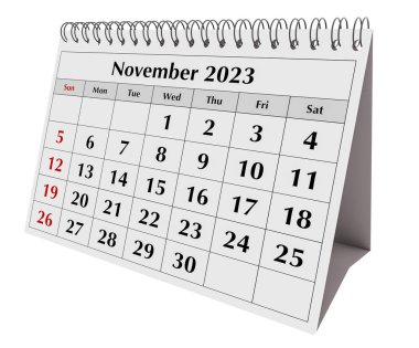 Yıllık iş masası takviminin sayfası izole edildi. Tarih - Kasım 2023