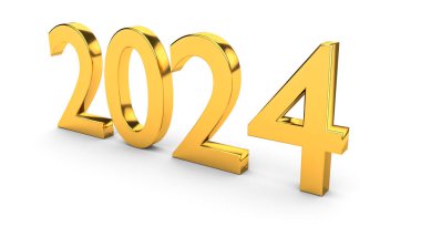 Altın renkli yılbaşı konsepti. 2024 numara beyaz üzerine izole edilmiş. 3d oluşturma