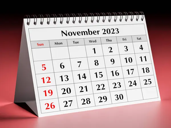 Nvember 2023. One page of the annual business desk monthly calendar. 3d rendering
