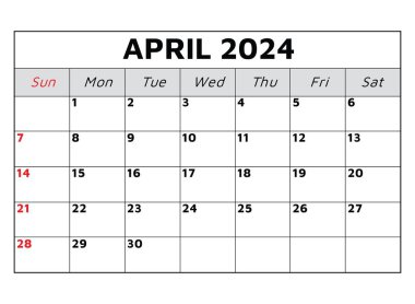 Nisan 2024 takvimi. Vektör çizimi. İş etkinlikleriniz için aylık planlama