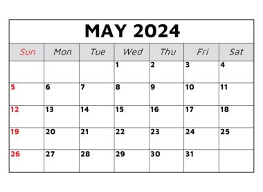 Mayıs 2024 takvimi. Vektör çizimi. İş etkinlikleriniz için aylık planlama