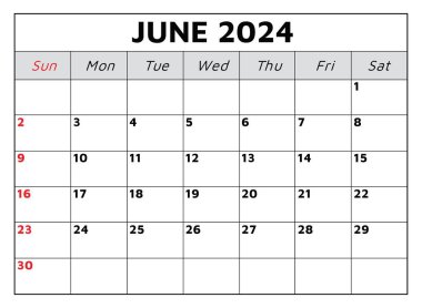 Haziran 2024 takvimi. Vektör çizimi. İş etkinlikleriniz için aylık planlama
