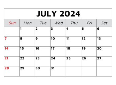 Temmuz 2024 takvimi. Vektör çizimi. İş etkinlikleriniz için aylık planlama