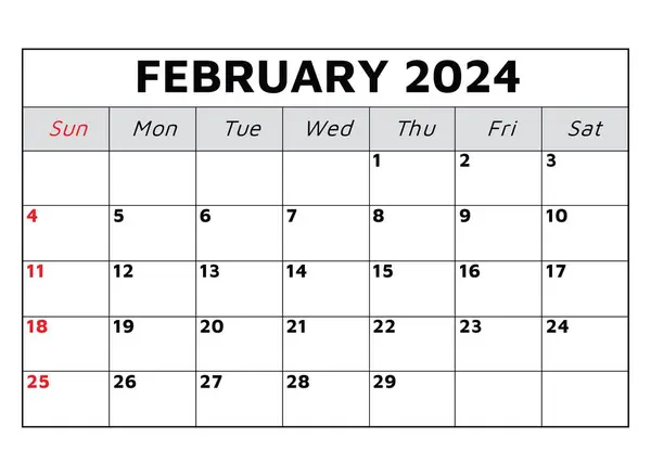 Februari 2024 Kalender Vector Illustratie Maandelijkse Planning Voor Zakelijke Evenementen — Stockvector