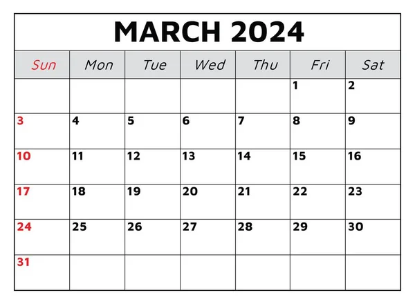 Maart 2024 Kalender Vector Illustratie Maandelijkse Planning Voor Zakelijke Evenementen — Stockvector