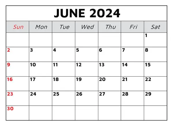 Juni 2024 Kalender Vector Illustratie Maandelijkse Planning Voor Zakelijke Evenementen — Stockvector
