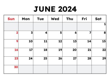 Haziran 2024 takvimi. Vektör çizimi. İş etkinlikleriniz için aylık planlama