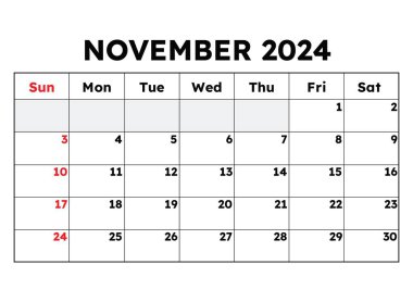 Kasım 2024 takvimi. Vektör çizimi. İş etkinlikleriniz için aylık planlama
