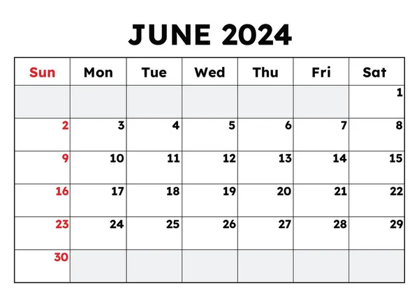 Juni 2024 Kalender Vector Illustratie Maandelijkse Planning Voor Zakelijke Evenementen — Stockvector