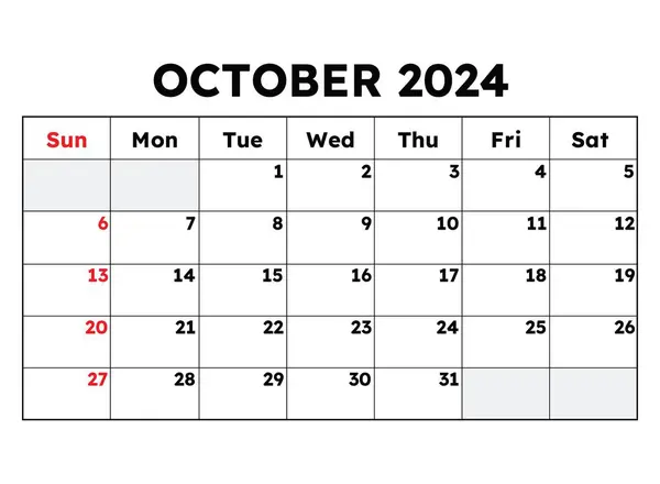 Oktober 2024 Kalender Vector Illustratie Maandelijkse Planning Voor Zakelijke Evenementen — Stockvector