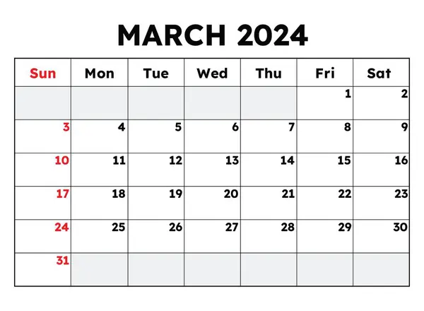 Maart 2024 Kalender Vector Illustratie Maandelijkse Planning Voor Zakelijke Evenementen — Stockvector