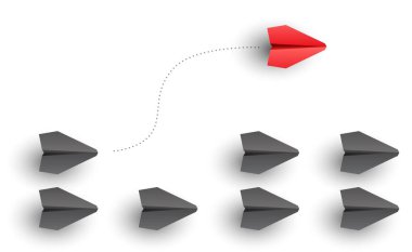 Bireysellik kavramı. Bireysel ve benzersiz lider kırmızı kağıt uçak yana doğru uçuyor. Vektör illüstrasyonu 