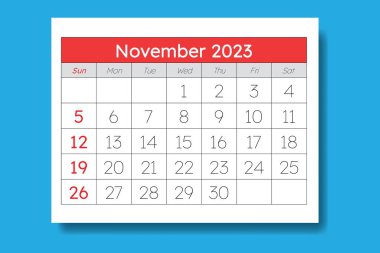 Kasım 2023 takvimi mavi arka planda. İş etkinlikleri için aylık planlama. Vektör illüstrasyonu